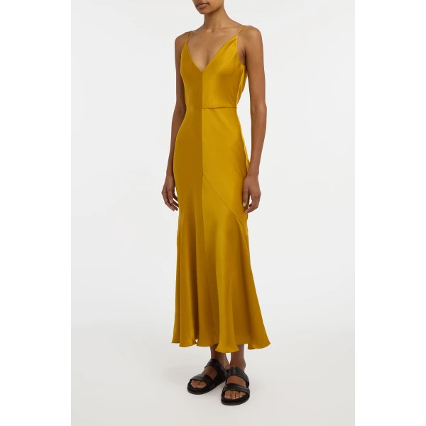 Brigita Slip Maxi Dress in Golden Birch Silk Satin