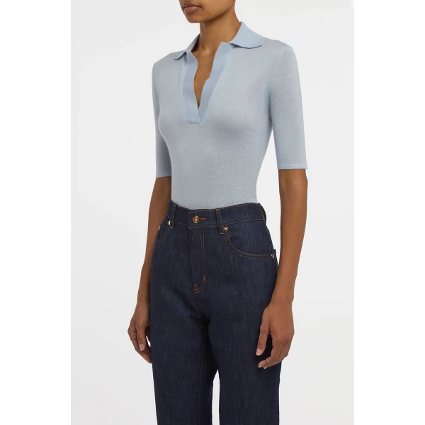 Caius Knit Short Sleeve Polo in Halogen Blue Cashmere Silk