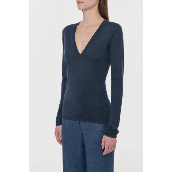 Clementia Knit V-Neck Sweater in Denim Cashmere Silk