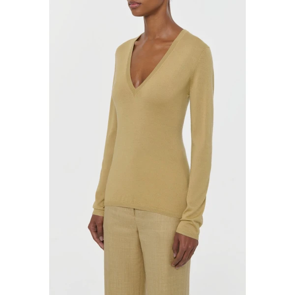 Clementia Knit V-Neck Sweater in Hay Cashmere Silk