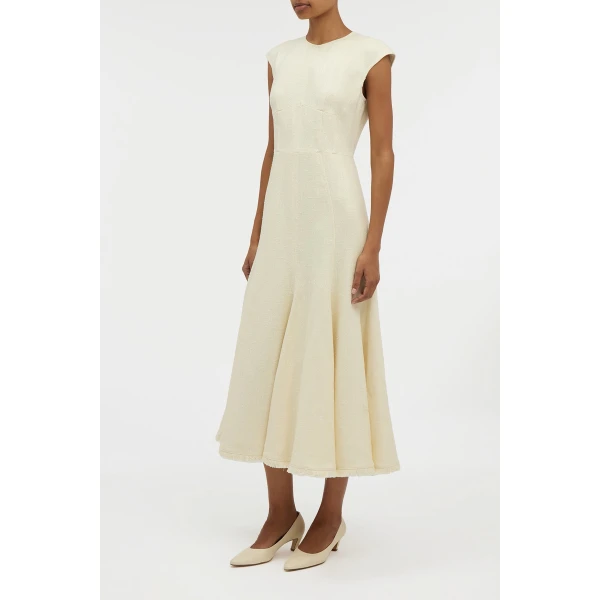 Crowther Midi Dress in Ivory Virgin Wool Silk Slub