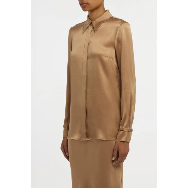 Cruz Shirt in Camel Silk Satin
