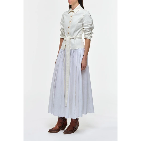 Delyth Shirtdress in White Recycled Cotton Denim & Linen