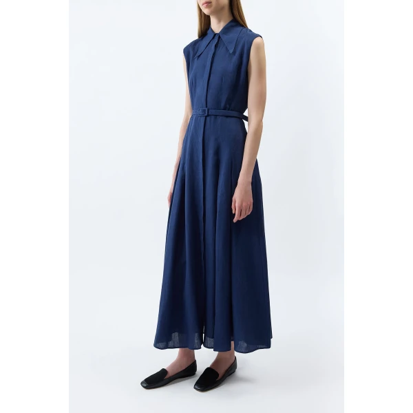 Durand Pleated Maxi Shirtdress in Electric Navy Aloe Linen