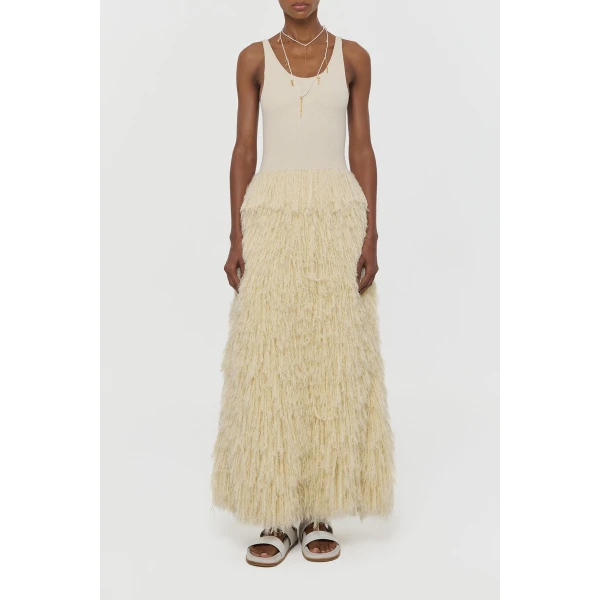 Elianor Fringe Knit Maxi Dress in Off White Silk Cashmere