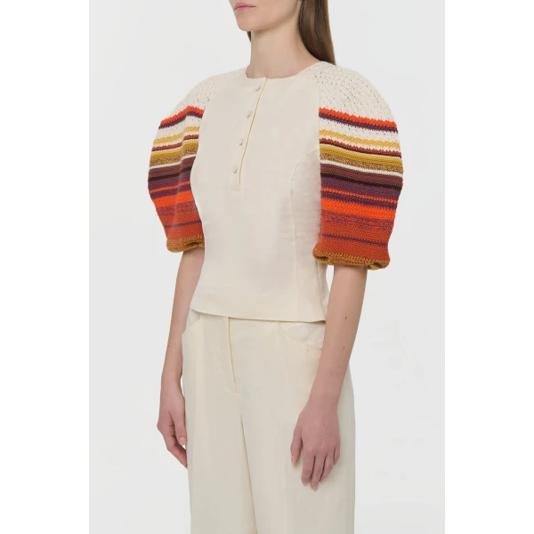 Elira Crochet Puff Sleeve Top in Ivory Textured Linen Slub