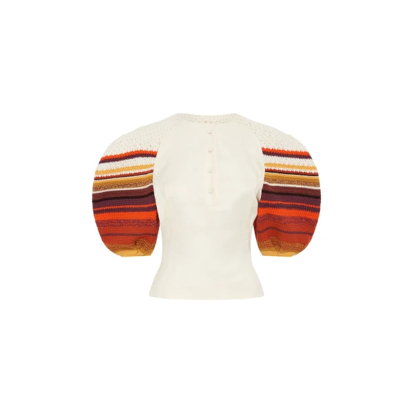 Gabriela Hearst Elira Crochet Puff Sleeve Top in Ivory Textured Linen Slub, view 6