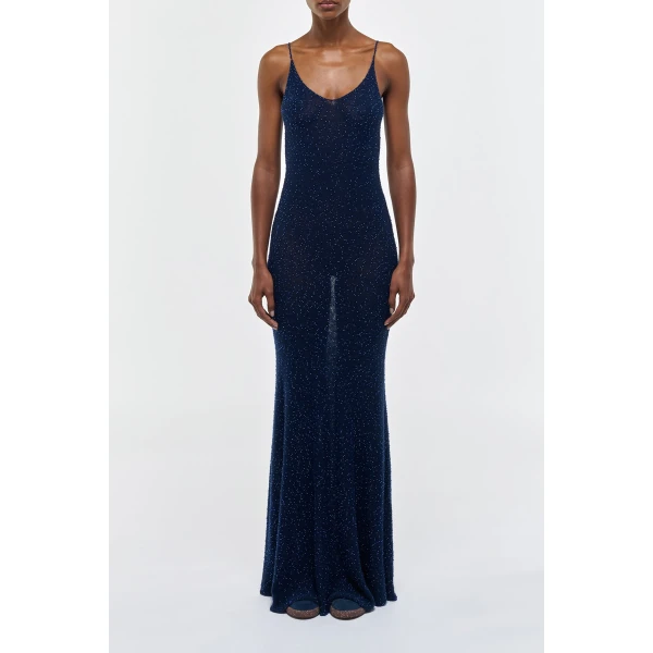 Florian Knit Maxi Slip Dress in Electric Navy Beaded Cashmere Silk