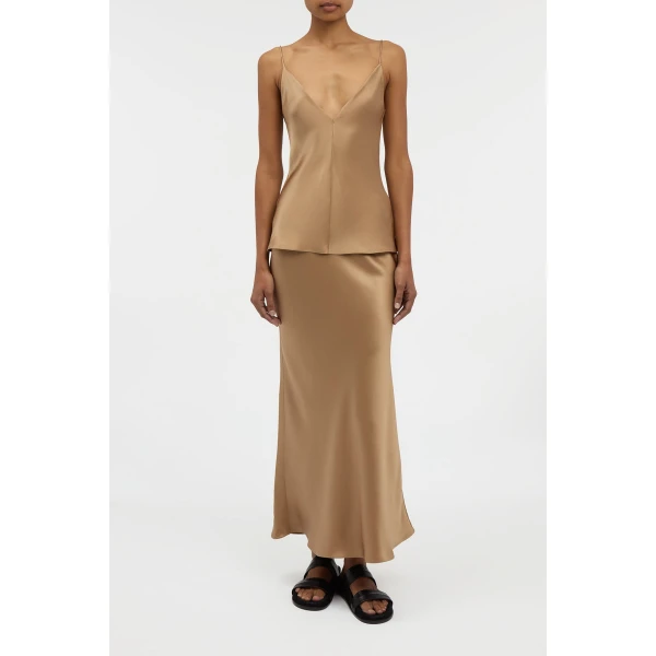 Frei Maxi Skirt in Camel Silk Satin