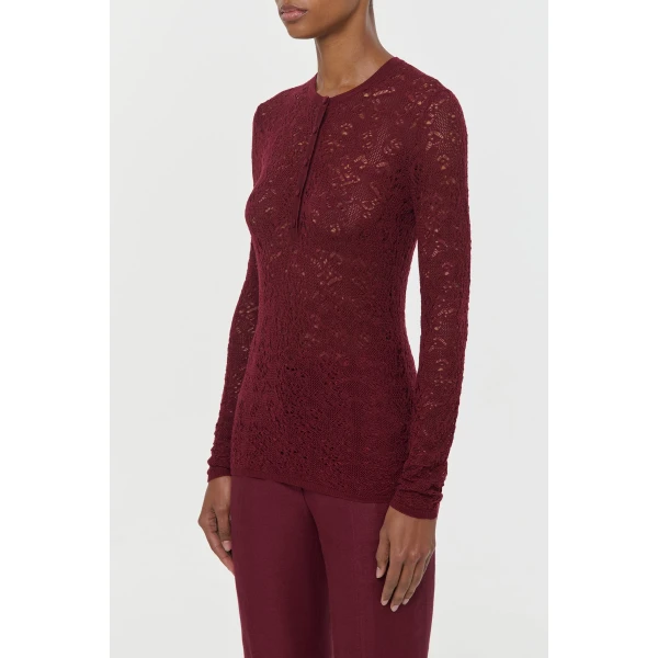 Gaviran Lace Knit Henley in Bordeaux Merino Wool