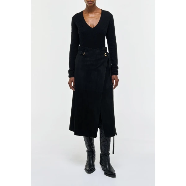 Idalia Wrap Midi Skirt in Black Suede