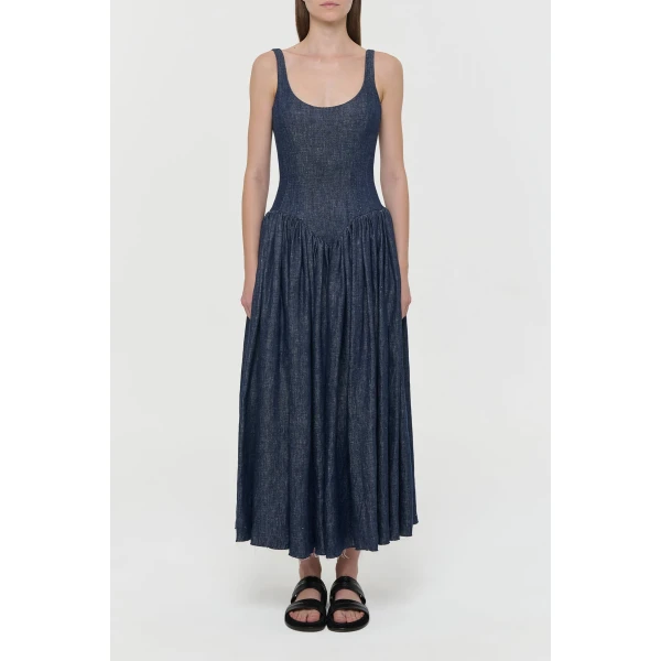Isai Maxi Dress in Stone Washed Linen Denim