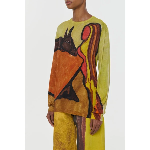 Isaro Long Sleeve T-shirt in Earth Multi Printed Cashmere Jersey