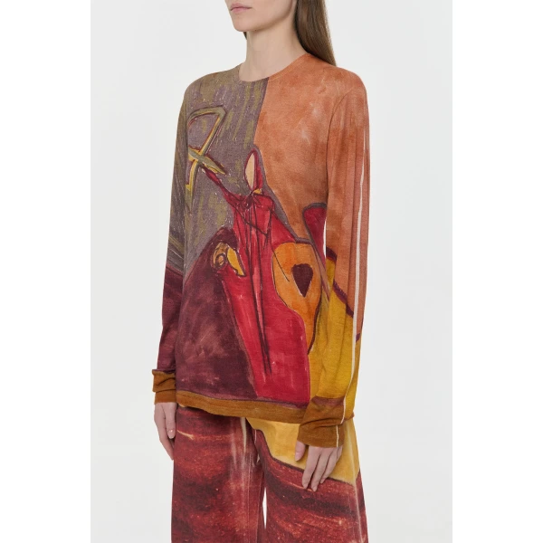 Isaro Long Sleeve T-shirt in Fire Multi Printed Cashmere Jersey