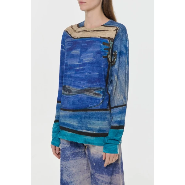 Isaro Long Sleeve T-shirt in Water Multi Printed Cashmere Jersey