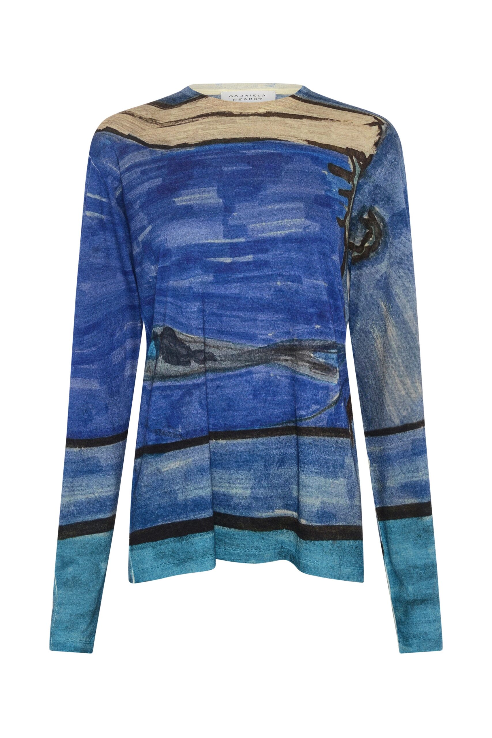 Gabriela Hearst Isaro Long Sleeve T-shirt in Water Multi Printed Cashmere Jersey Gabriela Hearst