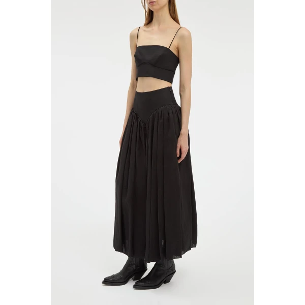Juniper Maxi Pleated Skirt in Black Aloe Linen