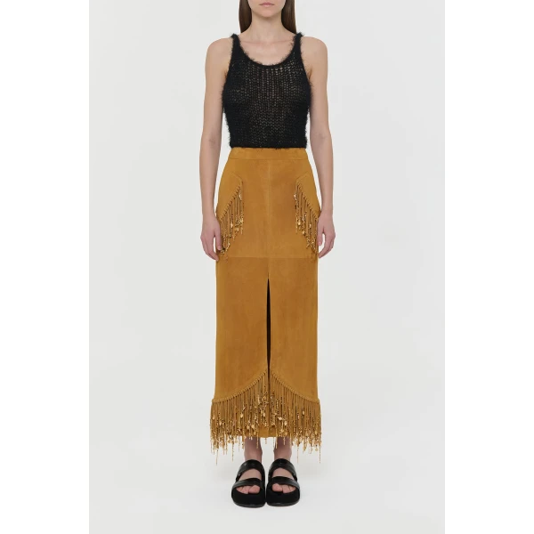 Kalyan Fringe Maxi Skirt in Cashew Suede with Charms