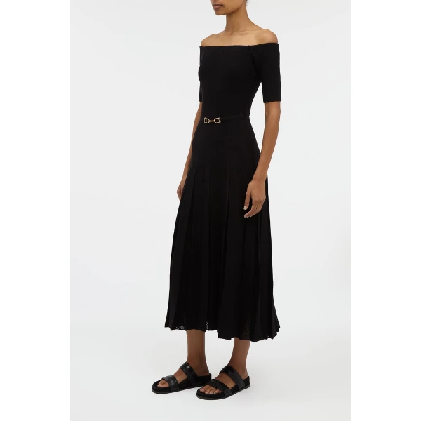 Kurt Knit Pleated Maxi Dress in Black Merino Wool