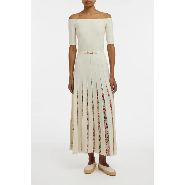 Kurt Knit Pleated Maxi Dress in White Multi Merino Wool