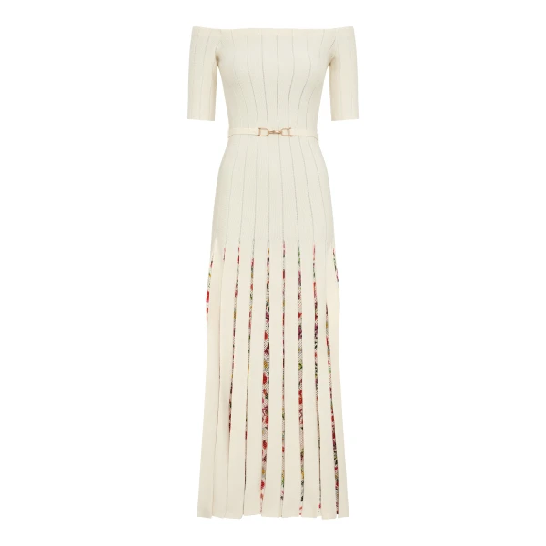 Gabriela Hearst Kurt Knit Pleated Maxi Dress in White Multi Merino Wool