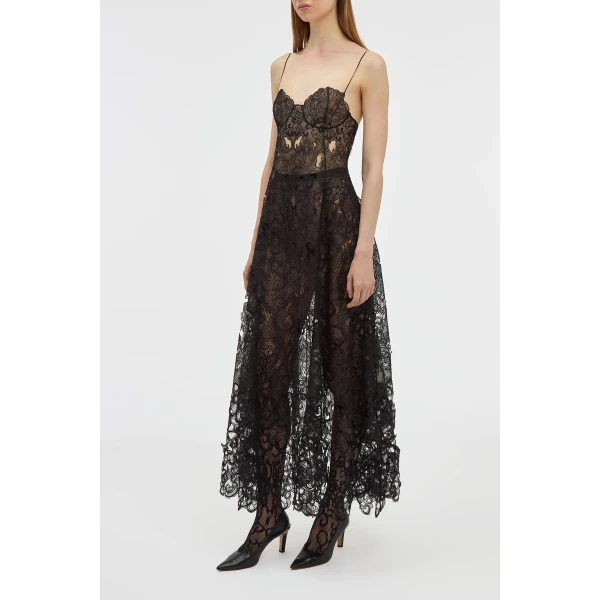 Luma Slip Midi Dress in Black Silk Organza Lace