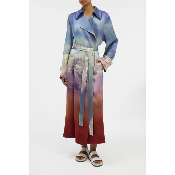Lyra Trench Coat in Mountain Printed Satin Silk Twill