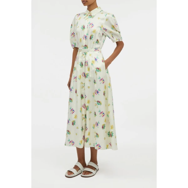 Maude Pleated Mia's Flowers Midi Shirtdress in Ivory Multi Printed Silk Twill