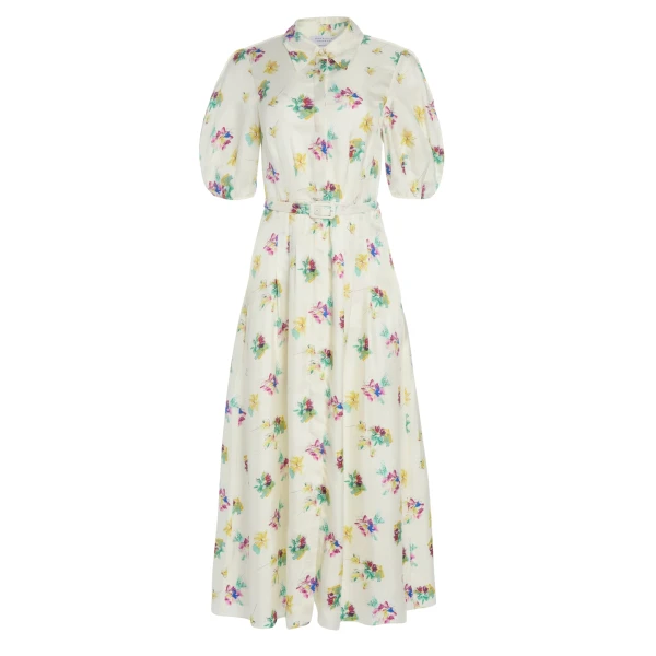 Gabriela Hearst Maude Pleated Mia’s Flowers Midi Shirtdress in Ivory Multi Printed Silk Twill Dress