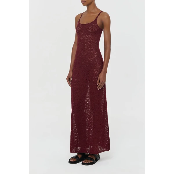 Meridian Lace Knit Maxi Dress in Bordeaux Merino Wool with Lining