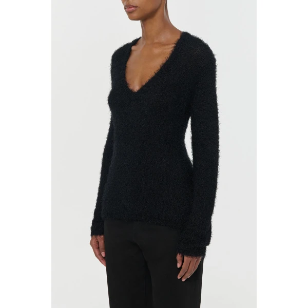 Neoma Knit V-Neck Sweater in Black Silk Cashmere