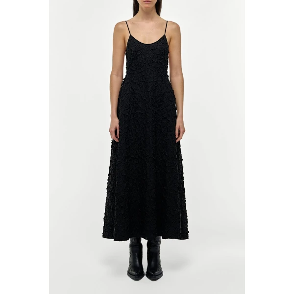 Nexus Embroidered Leaves Maxi Dress in Black Linen