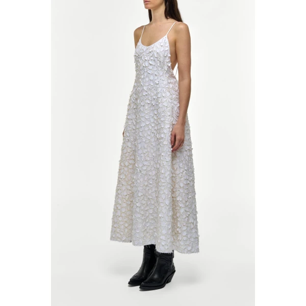 Nexus Embroidered Leaves Maxi Dress in Ivory Linen