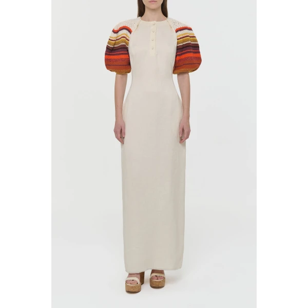 Nomo Crochet Puff Sleeve Maxi Dress in Ivory Textured Linen Twill