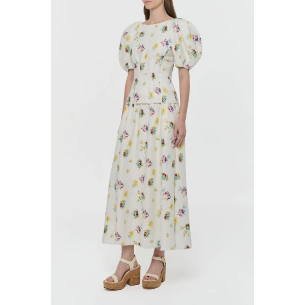 Penelope Mia's Flowers Maxi Skirt in Ivory Muli Printed Linen Twill