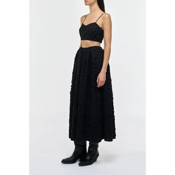 Priya Embroidered Leaves Top in Black Linen