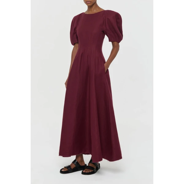 Ranya Puff Sleeve Maxi Dress in Bordeaux Linen Twill