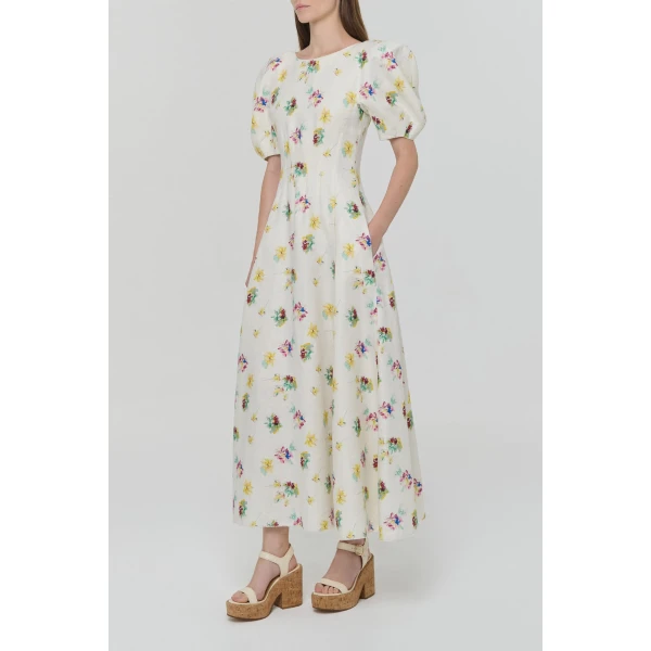Ranya Puff Sleeve Mia's Flowers Maxi Dress in Ivory Multi Printed Linen Twill