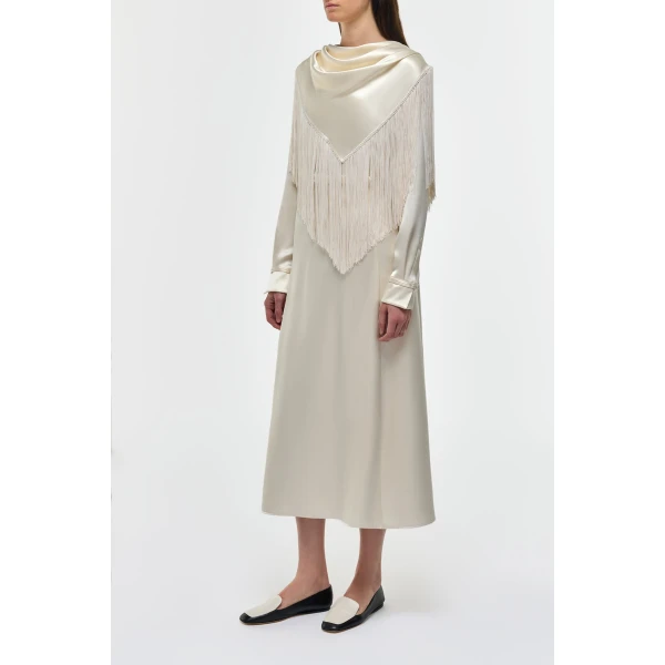 Rouge Fringe Scarf Dress in Ivory Silk Satin