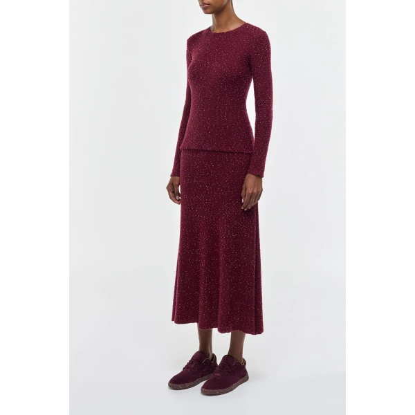 Sabine Knit Midi Skirt in Bordeaux Beaded Cashmere Silk