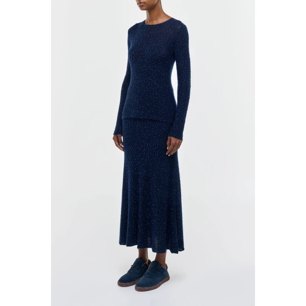 Sabine Knit Midi Skirt in Electric Navy Beaded Cashmere Silk
