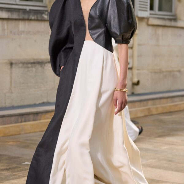 Sephir Puff Sleeve Maxi Dress in Ivory Silk Wool Cady