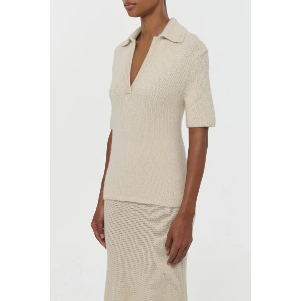 Sohan Knit Short Sleeve Polo in Off White Cashmere