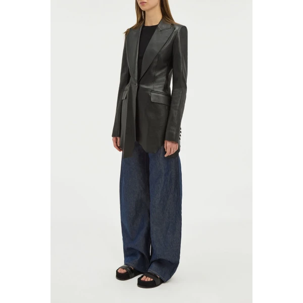 Sybel Raw Cut Blazer in Black Soft Leather