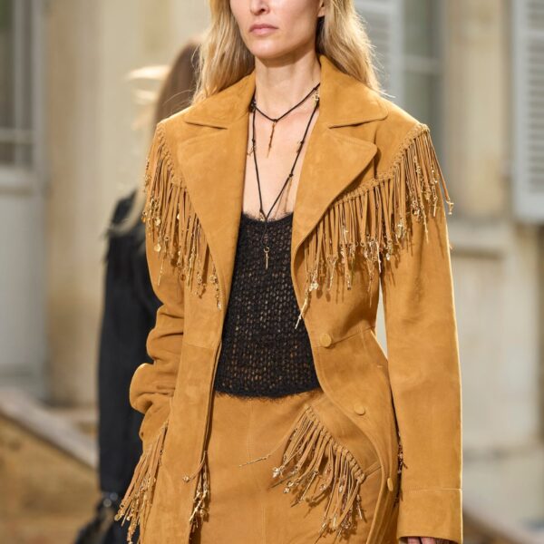 Thaniel Fringe Trench Coat in Cashew Suede with Charms