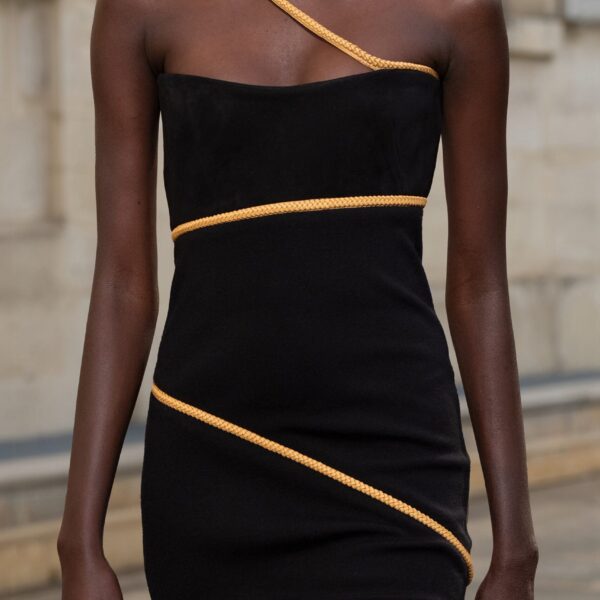 Tibor Rope Strapless Maxi Dress in Black Suede & Merino Wool
