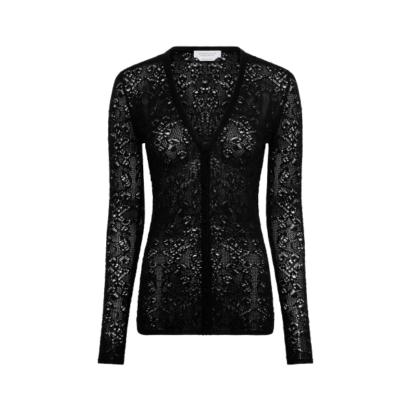 Gabriela Hearst Ultraris Lace Knit Cardigan in Black Merino Wool, view 2