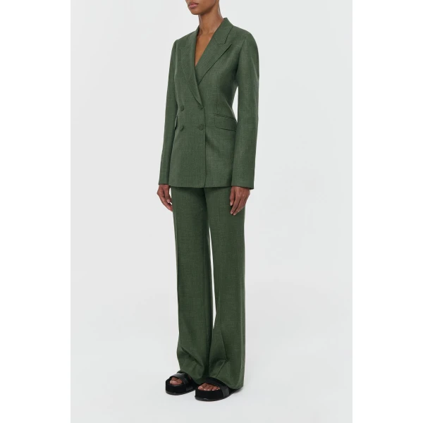 Vesta Flare Pant in Olive Virgin Wool Silk with Linen