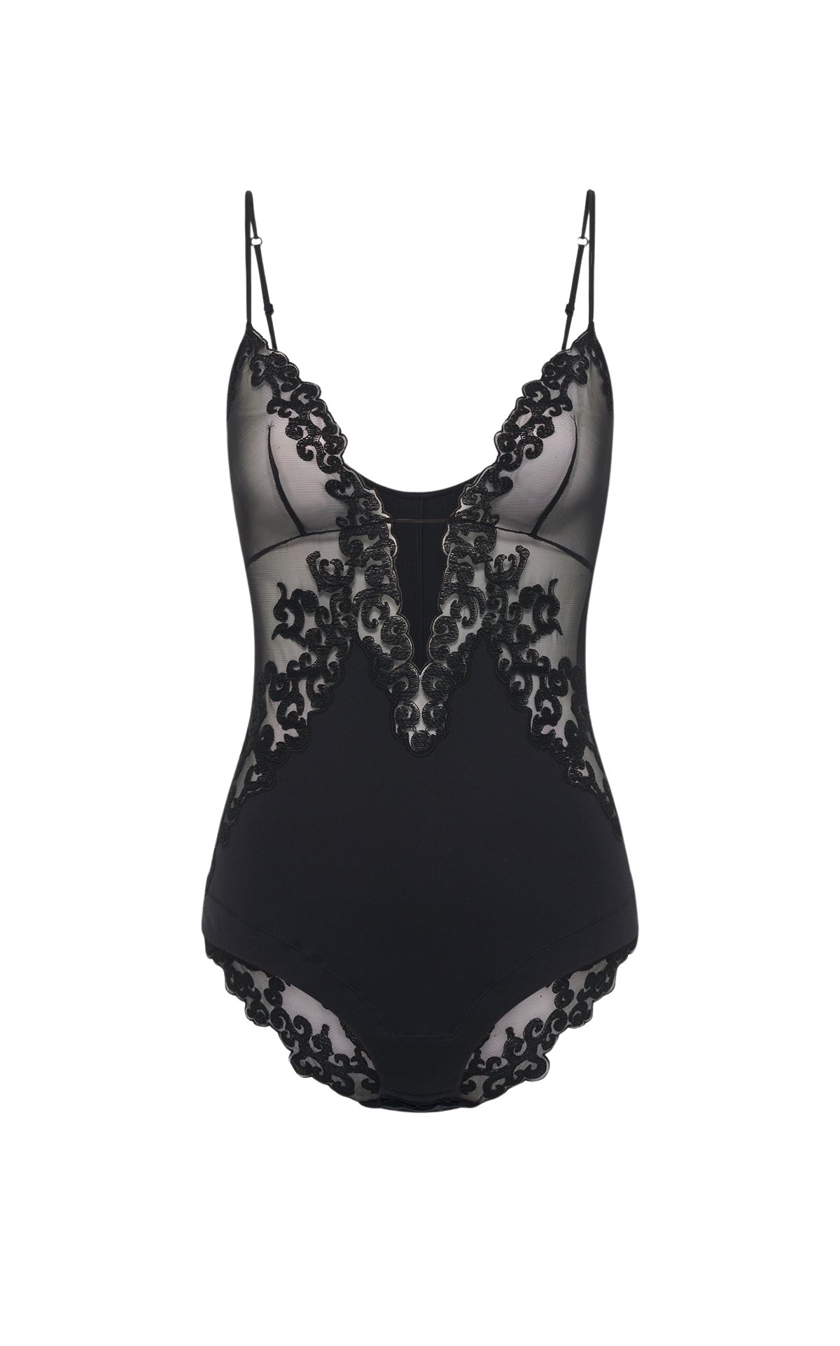 Gabriela Hearst Wynona Bodysuit in Black Recycled Nylon Lace