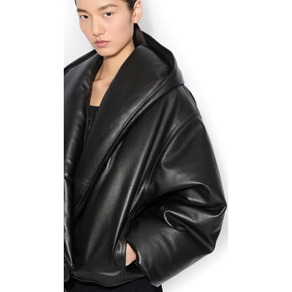 Alaia Hooded Leather Bomber Jacket, view 4